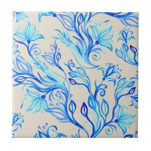 Elegant Blue Floral Pattern Tegeltje (Voorkant)