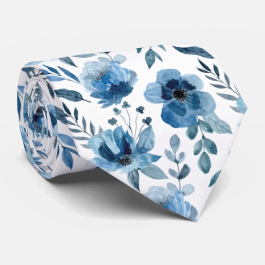 Elegant Blue Floral Pattern voor bruiloften Stropdas (Opgerold)