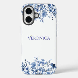Elegant Blue Floral Personalized iPhone 16 Hoesje