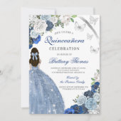 Elegant Blue Floral Quinceañera Invitation (Devant)