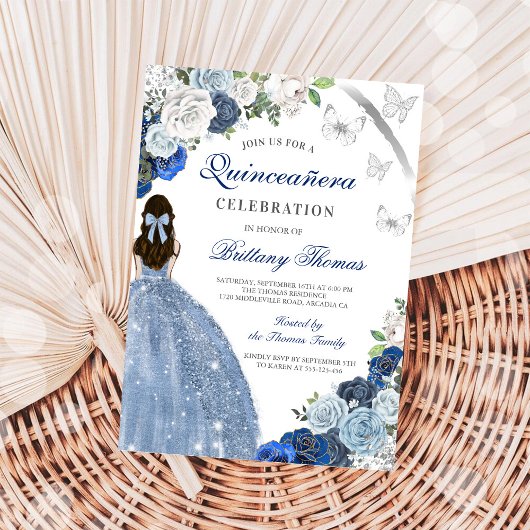 Elegant Blue Floral Quinceañera Invitation