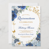 Elegant Blue Floral Quinceañera Invitation (Devant)