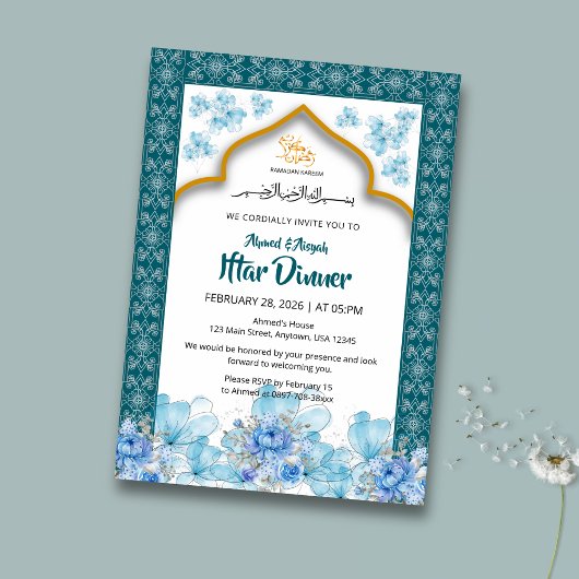Elegant Blue Floral Ramadan Iftar Invitation Kaart