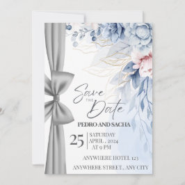 Elegant Blue Floral Save The Date Card with Silver