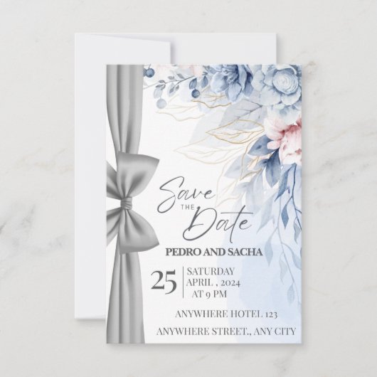 Elegant Blue Floral Save The Date Card with Silver Bedankkaart (Voorkant)