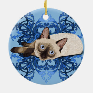 Elegant Blue Floral Siamese Cat Feline Keramisch Ornament