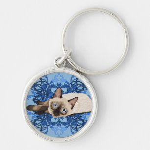 Elegant Blue Floral Siamese Cat  Feline Sleutelhanger
