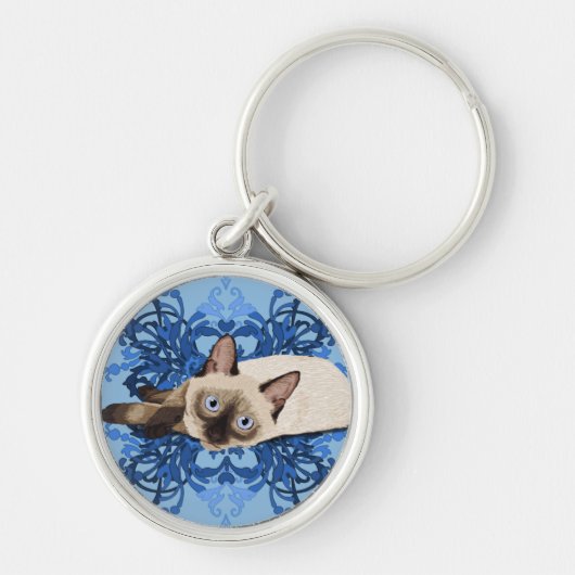 Elegant Blue Floral Siamese Cat  Feline Sleutelhanger (Voorkant)