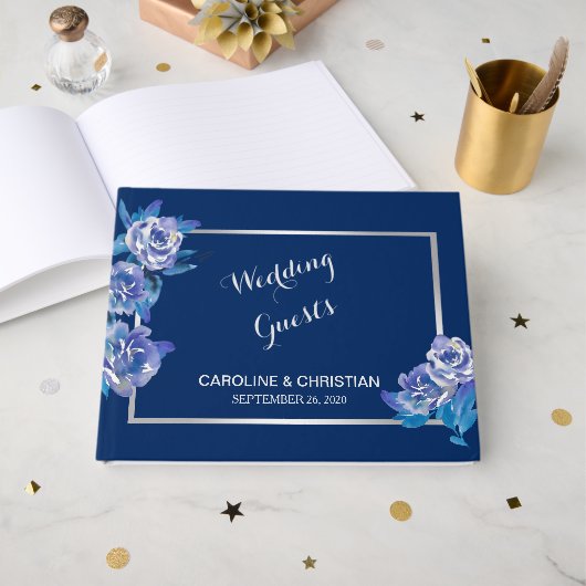 Elegant Blue Floral Silver Wedding Gastenboek (Voorkant open)