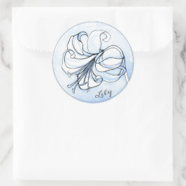 Elegant Blue Floral Sjabloon met naam Lily Art Ronde Sticker