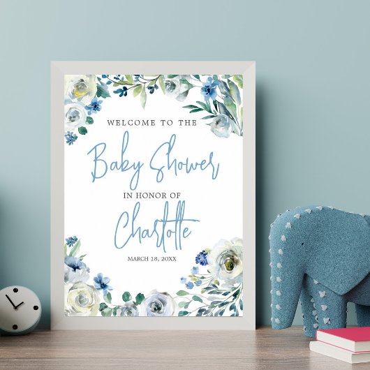 Elegant Blue Floral Spring Baby shower Welkom Poster