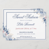 Elegant Blue Floral Sweet 16 Invitation (Devant / Derrière)