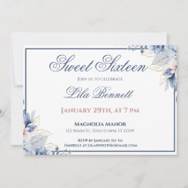 Elegant Blue Floral Sweet 16 Invitation Kaart
