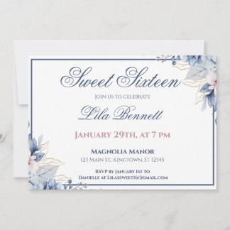 Elegant Blue Floral Sweet 16 Invitation Kaart