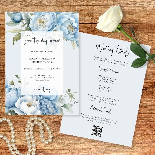 Elegant Blue Floral Two Sided Wedding Invitation