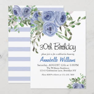 Elegant Blue Floral Waterverf Stripes Birthday Kaart