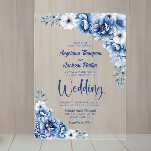 Elegant Blue Floral Wedding Acryl Uitnodigingen