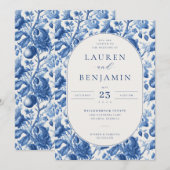 Elegant Blue Floral Wedding Invitation (Devant / Derrière)