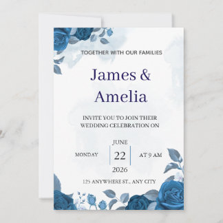 Elegant Blue Floral Wedding Invitation
