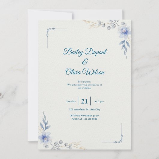 Elegant Blue Floral Wedding Invitation Kaart (Voorkant)
