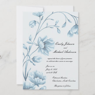 Elegant Blue Floral Wedding Invitation Kaart