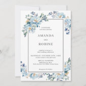 Elegant Blue Floral Wedding Invitation Kaart (Voorkant)