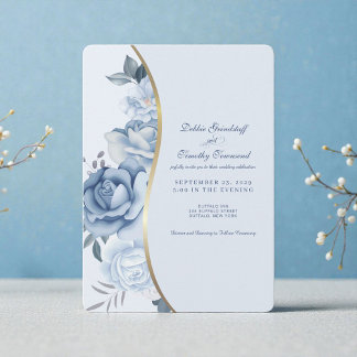 Elegant Blue Floral Wedding Invitation  Kaart