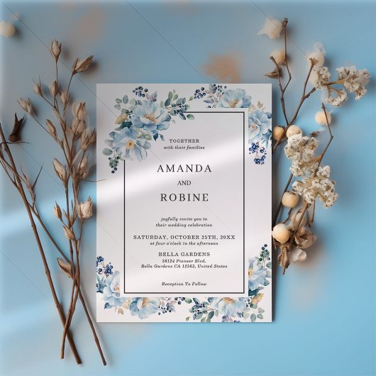 Elegant Blue Floral Wedding Invitation Kaart