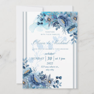 Elegant Blue Floral Wedding Invitation Kaart