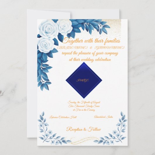 Elegant Blue Floral Wedding Invitation on White (Devant)