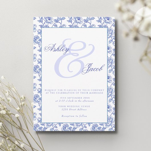 Elegant Blue Floral Wedding Invitation Save The Date