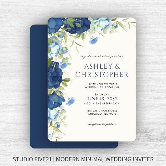 Elegant Blue Floral Wedding Kaart