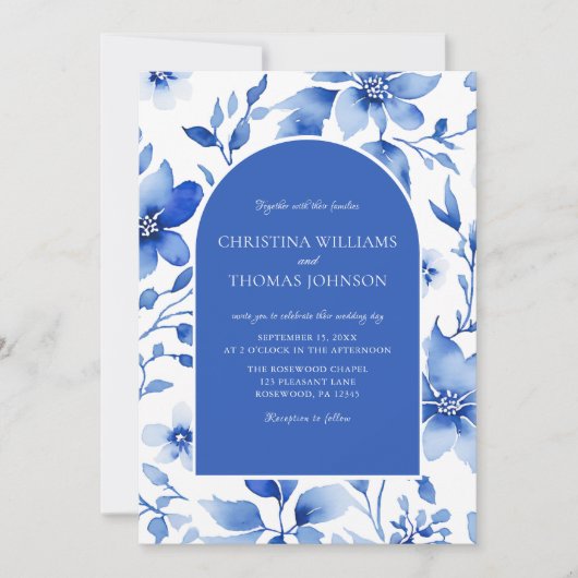 Elegant Blue Floral Wedding Kaart (Voorkant)