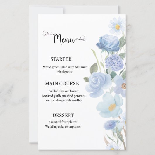Elegant Blue Floral Wedding Menu (Devant)
