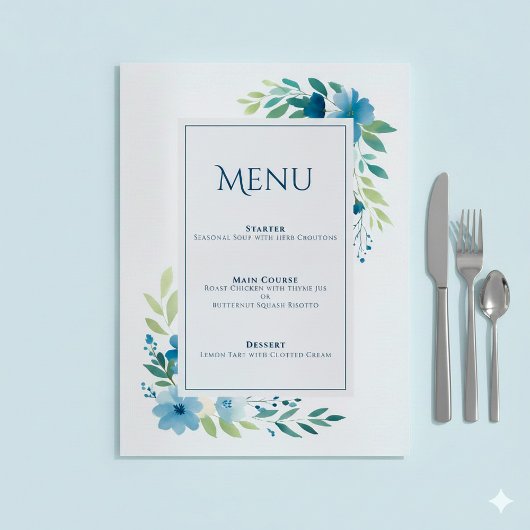 Elegant Blue Floral Wedding Menu Kaart