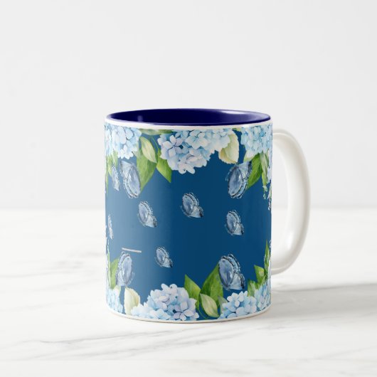 Elegant Blue Floral Wedding Tweekleurige Koffiemok (Voorkant rechts)