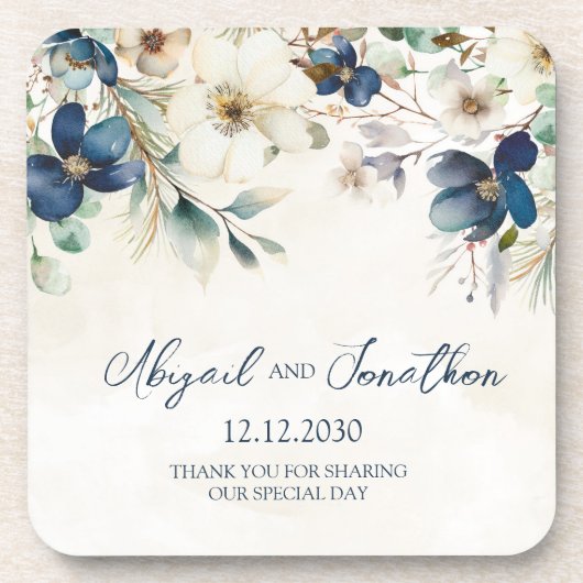 Elegant Blue Floral Winter Wedding Bier Onderzetter (Voorkant)