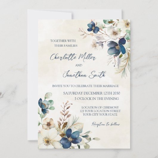 Elegant Blue Floral Winter Wedding Invitations (Devant)