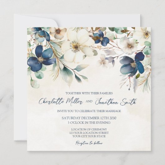 Elegant Blue Floral Winter Wedding Invitations (Devant)