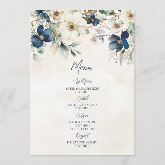 Elegant Blue Floral Winter Wedding Menu (Voorkant)