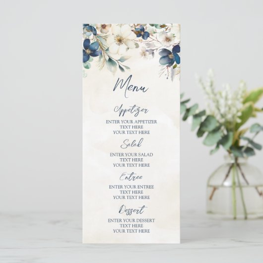 Elegant Blue Floral Winter Wedding Menu (Debout devant)
