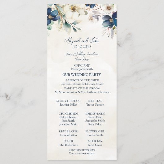 Elegant Blue Floral Winter Wedding Program Programma (Achterkant)
