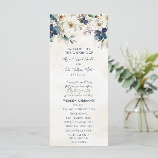 Elegant Blue Floral Winter Wedding Program Programma (Staand voorkant)