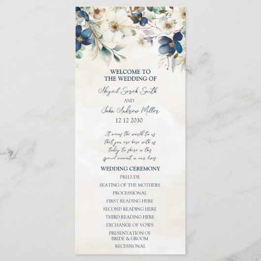 Elegant Blue Floral Winter Wedding Program Programma (Voorkant)