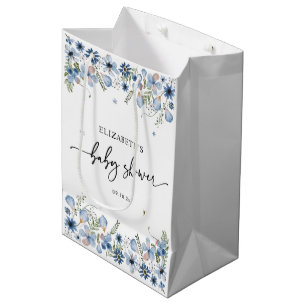 Elegant Blue Florals Baby shower Medium Gift Bag Cadeauzakje