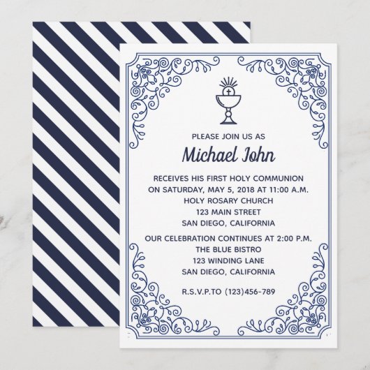 Elegant Blue flourish swirl boy First Community Kaart (Voorkant / Achterkant)
