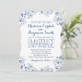 Elegant Blue Flourish Wedding Invitations Kaart (Staand voorkant)
