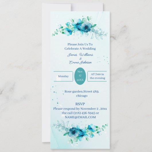 Elegant Blue Flower Wedding Invitation Kaart (Voorkant)