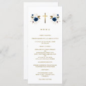 Elegant Blue Flowers Gold Cross Boy Baptisme Menu (Voorkant / Achterkant)