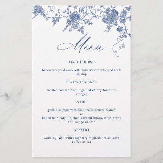 Elegant Blue  Flowers Weddenrenmenu (Voorkant)